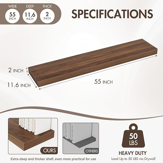 55 Inch Floating Shelves, 12" Deep Floating Shelf Wall Mounted, 55" Wall Shelves, Rustic Deep Bookshelf, Extra Deeper & Thicker Display Shelves for Bedroom, Living Room, Walnut, Set of 2