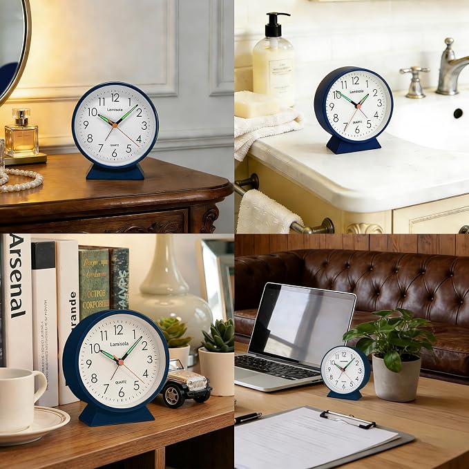 Lamisola 4.5 Inch Small Silent Analog Alarm Clock, Retro Battery Operated Desk Clock with Night Light Stays On 4 Seconds Vintage Metal Table Clock for Bedside, Bedroom, Office, Bathroom - Navy Blue