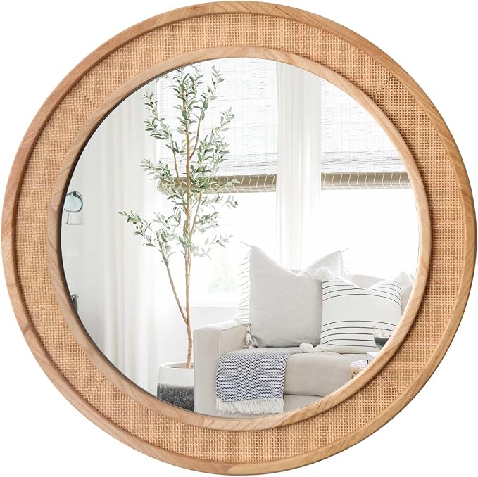 24" Round Rattan Mirror, Circle Wall Mirror, Farmhouse Wooden Vanity Mirror with Handmade Wicker Frame, Decorative Boho Mirror for Nursery Bedroom Living Room Entryway Nature