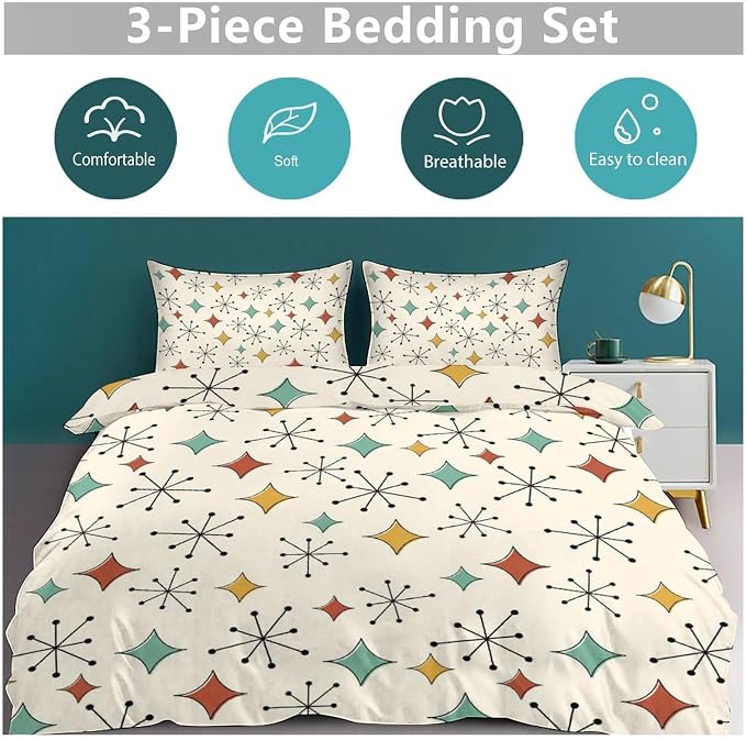 Modern Geometric Bedding Set,1950s 1960s Mid Century Vintage Abstract Atomic Stars Geometric Diamond Pattern Comforter Set with Pillowcase for Bedroom Bed Decor,Full 79"x90"