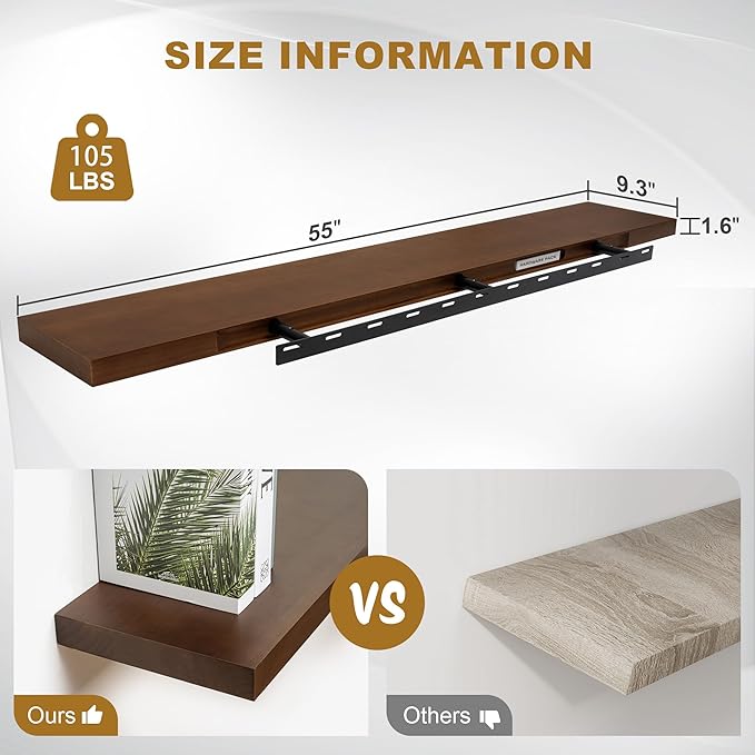 Fun Memories Floating Shelves, 9.3 Inch Deep Solid Pine Wood Wall Shelves for Storage, Rustic Wall Mounted Display Shelf with Invisible Heavy-Duty Metal Bracket, 55 Inch Width, Walnut