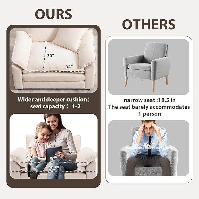 Oversized Chair Set of 2, Comfy Accent Chair Large Upholstered Armchair with Extra Thick and Deep Seat Lounge Sofa for Living Room,Bedroom,Apartment, Beige