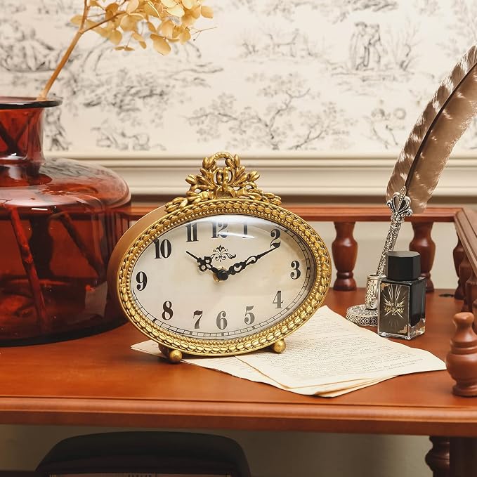 NIKKY HOME Vintage Table Top Clock, Silent Small Shelf Desk Clock Battery Operated Rustic Design, Home Decor for Living Room, Bedroom, Bedside, Gift Clock - Gold