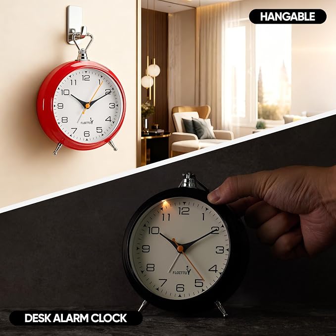 FLOITTUY 4.5" Battery Operated Antique Retro Analog Metal Alarm Clock, Silent Bedside Desk Clock, Wall-Hanging Vintage Clock(Cherry Red)