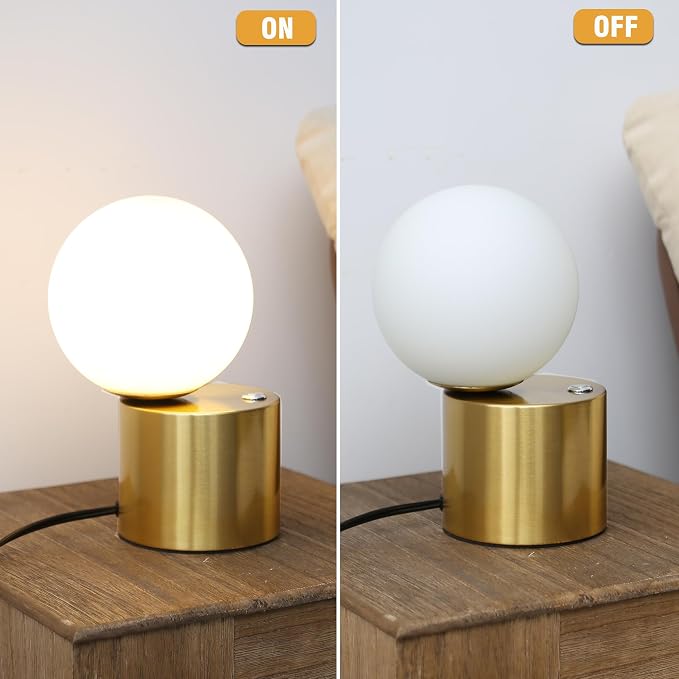 Gold Globe Dimmable Table Lamp Set of 2, Nightstand Lamps Mid Century Modern Desk Lamp with Milk White Glass Shade for Dorm,Bedroom(Low 2 Pack)