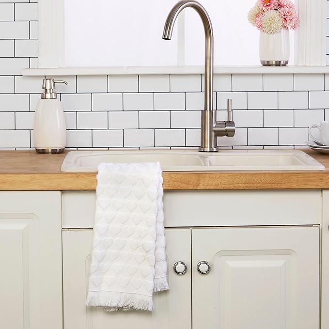 SKL Home Valentine's Day Heart Jacquard 100% Cotton 2pc Hand Towel Set, Decorative for Bath/Kitchen/Bar & Gift, White
