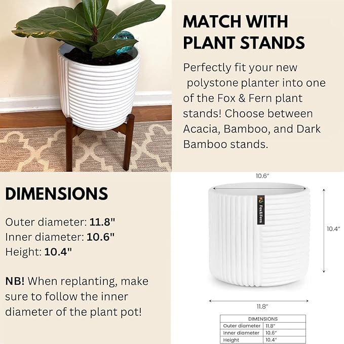 Fox & Fern Large Indoor Planter, Modern Large Plant Pot for Indoor or Outdoor, UV and Frost Resistant - 12 inch, Polystone, Matte White Flower Pot with Drainage Plug, 3D Printed Design