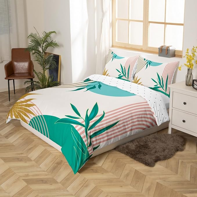 Erosebridal Mid Century Green Pink Duvet Cover Toddler for Kids Boys Girls,Abstract Modern Boho Comforter Cover,Plant Botanical Bedding Set,Minimalist Aesthetic Bed Set 2 Pcs Bedroom Decor