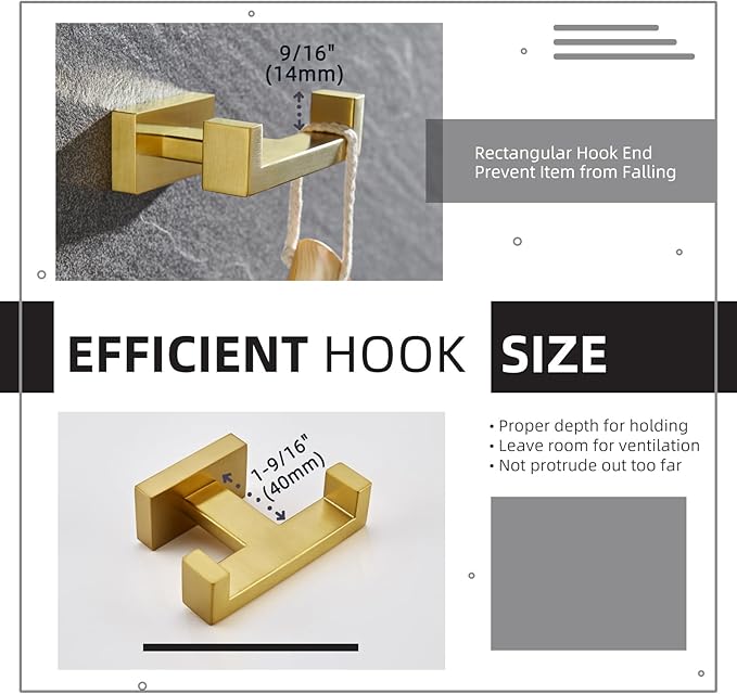 Angle Simple Towel Hook for Bathroom, SUS 304 Stainless Steel Hand Towel Holder, Double Robe Coat Hook for Wall, Brushed Dark Gold
