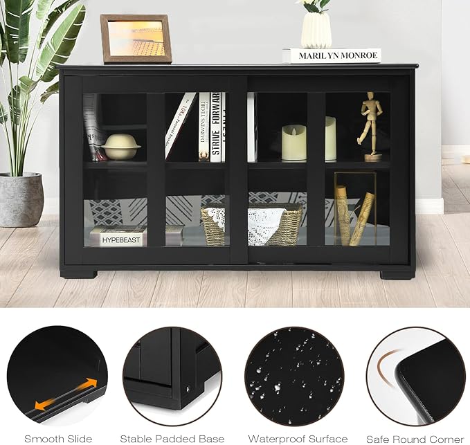 Byroce Sideboard Buffet Cabinet, Stackable Storage Coffee Bar Cabinet with Adjustable Shelf & Glass Sliding Doors, Wood Cupboard Credenza Console Table for Kitchen Dining Living Room (1, Black)