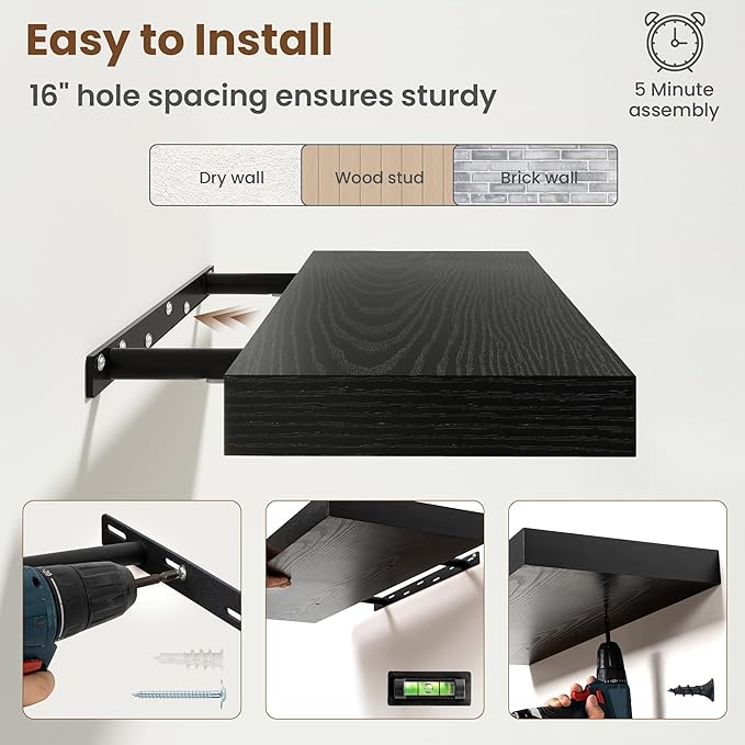 48 Inch Floating Shelves for Wall, 8 Inch Deep Floating Shelf for Storage & Display, Rustic Wall Mounted Shelf with Invisible Brackets for Living Room, Kitchen, Bathroom, Home Decor, Set of 2, Black