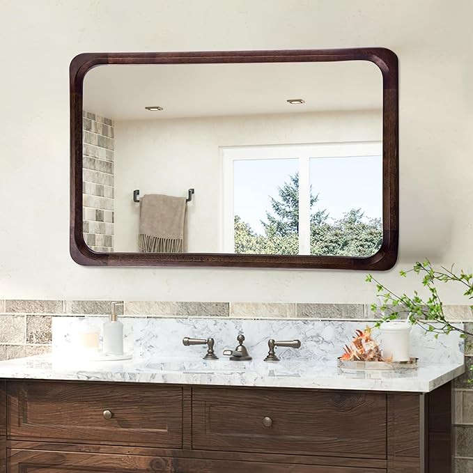 Tanmicoshomy Wood Bathroom Mirror 24 x 36 Inch, Solid Wood Framed Rectangle Mirrors with Tempered Glass for Living Room Bedroom Office or Entryway(Dark Brown)
