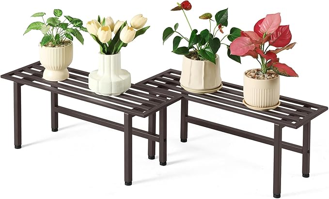 2 Pack Metal Plant Stand Outdoor Plant Shelf Indoor,1 Tier Heavy Duty Plant Stands for Multiple Plants,26" L x 10.12" H x 8.75" W,Coffee
