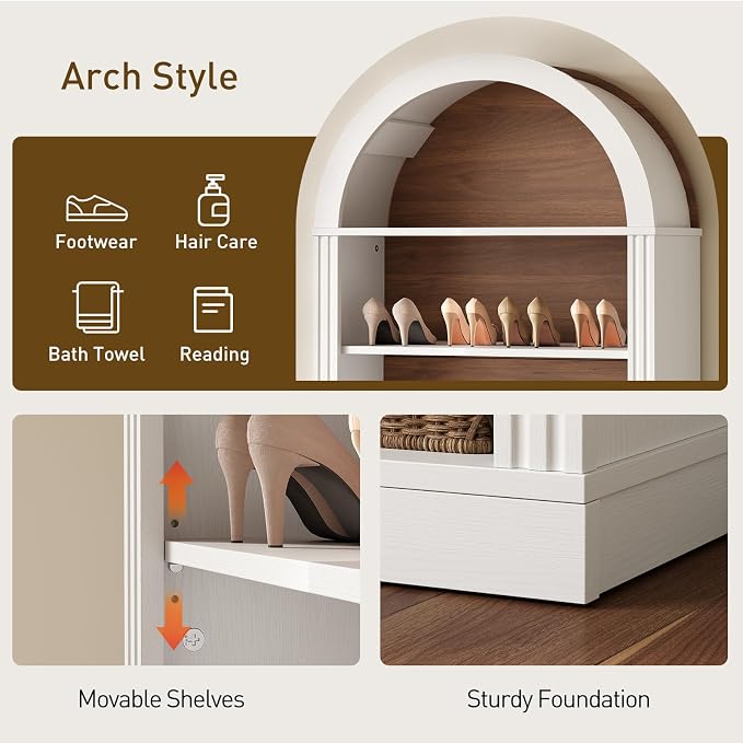 RALGEND Arched Bookshelf, 73" Tall Arch Bookcase with Drawer, 6-Tier Farmhouse Book Shelf, Wooden Bookshelf with Open Display Shelves for Living Room, Office, Adjustable Shelf, Walnut and White