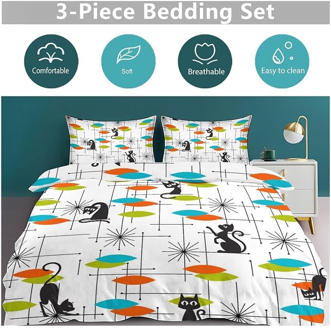 Mid Century Bedding Set,Retro Black Cat 1950s 1960s Abstract Atomic Colorful Geometric Pattern Modern Comforter Set with Pillowcase for Bedroom Bed Decor,Full 79"x90"