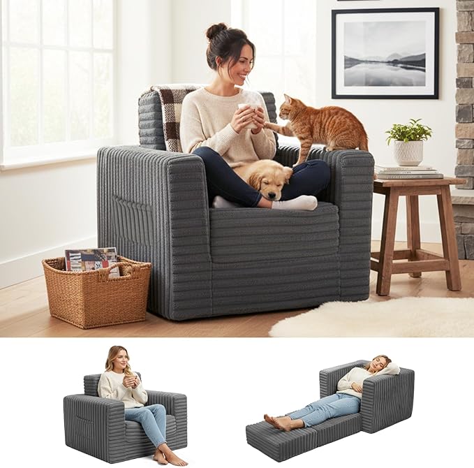Welnow Folding Sofa Bed with Ottoman, Convertible 2-in-1 Boneless Couch Futon Lounge Chair Bed for Adults, Comfy Fold Out Sleeper Sofa for Small Spaces, Living Room, Bedroom, or Dorm, Dark Grey