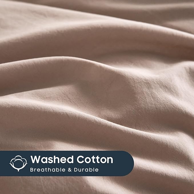 Wake In Cloud - Cotton Duvet Cover Set, 100% Washed Cotton, Linen Like Textured, Breathable Durable Comfy Farmhouse Neutral Bedding Set, 3 Pieces, Dusty Pink, King Size
