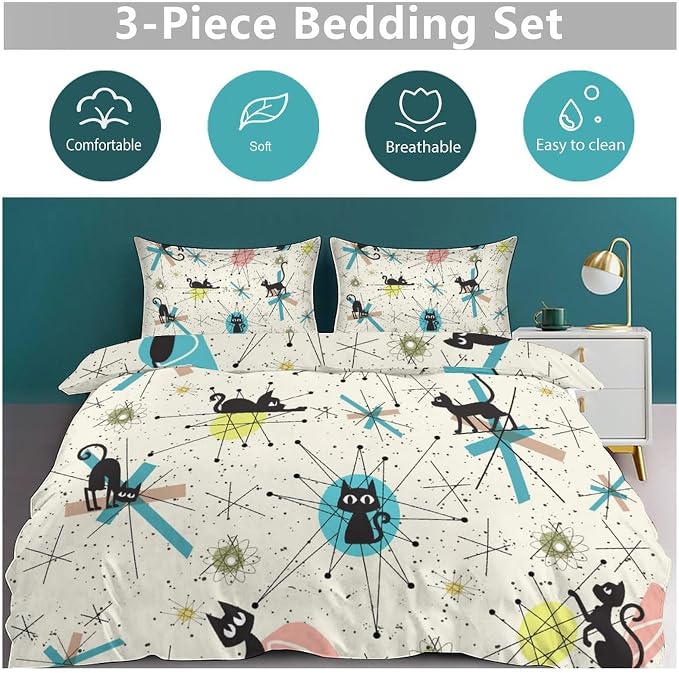 Mid Century Black Cat Comforter Set,Retro Abstract Atomic Star Pattern Cartoon Black Cat 1950s 1960s Vintage Pastel Bedding Set with Pillowcase for Bedroom Bed Decor,King 102"x90"