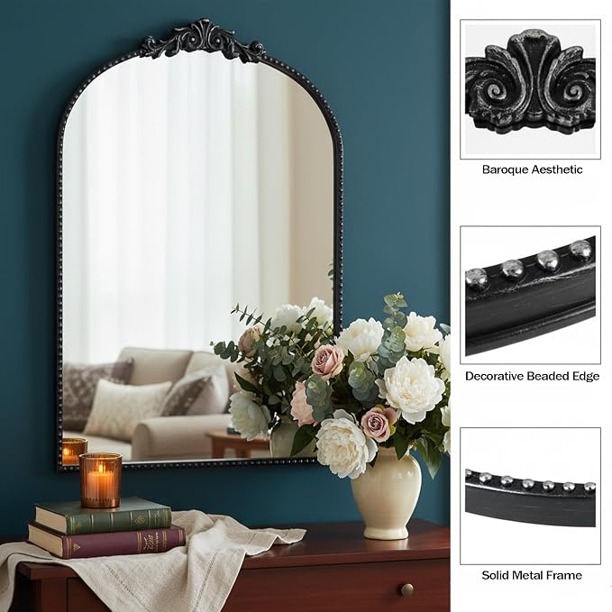 ZIYOO Vintage Baroque Arched Wall Mirror 36"x24", Black Ornate Antique French Traditional Decor Mirror for Entryway Living Room Fireplace (Black Metal,36" x 24")