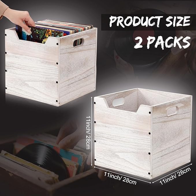 Colingmill 2 Pack Wooden Storage Box Bins Wood Crate with Open Front Stackable Cube Storage Organizer Bins for Books Records Home Pantry Clothes Toy Closet (11 Inch,White)