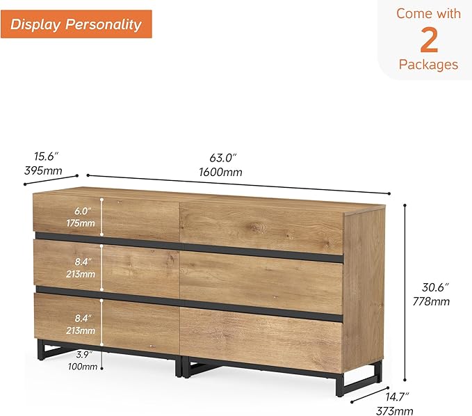 WAMPAT Dresser for Bedroom, Closet Organizers and Storage with 6 Drawers, Chest of Drawers with Metal Base, Modern Wood Dresser for Living Room, Bedroom,Oak