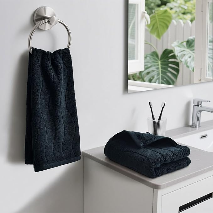 Hand Towels with Wavy Jacquard - Black Face Towels for Bathroom, 2 Piece, Cotton, 13x29 Inches