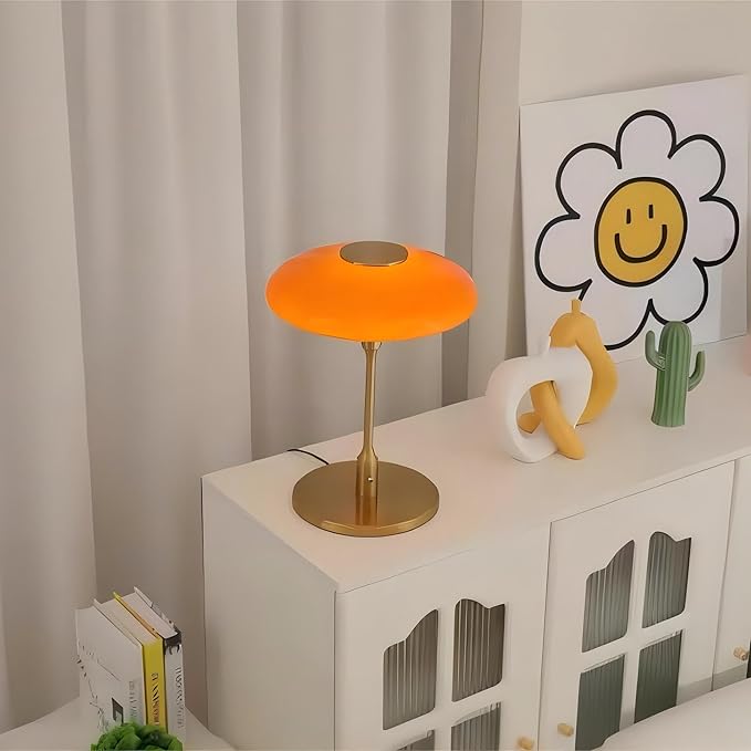 Table Lamp, Metal and Glass Modern Bedside Lamp, Decorative Table Light, Table Lamp for Living Room Bedroom Study Room, 12.6 * 16.5 Inch, Gold & Orange