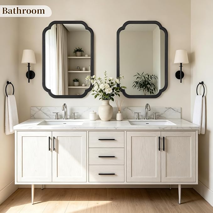 HOMECOOKIN Wood Bathroom Mirror for Wall Decor Arched Rounded Corner Rustic Wood Frame Wall Mirror Home Decorative for Vanity, Living Room, Bedroom, Entryway (20 x 30 inch, Black)