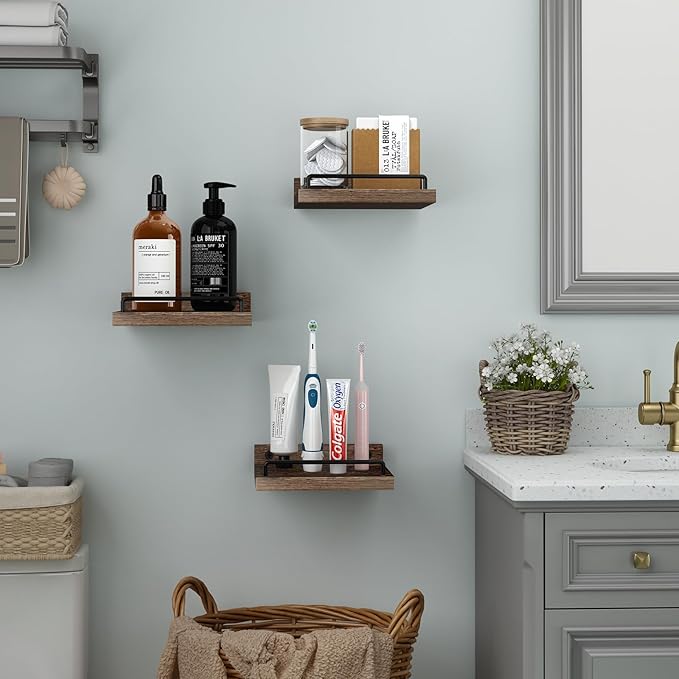 Small Floating Shelf, 6X6 Inches Farmhouse Wall Shelves for Living Room, Bedroom, Picture Frames, Plants, Kitchen, Set of 3 (Brown)