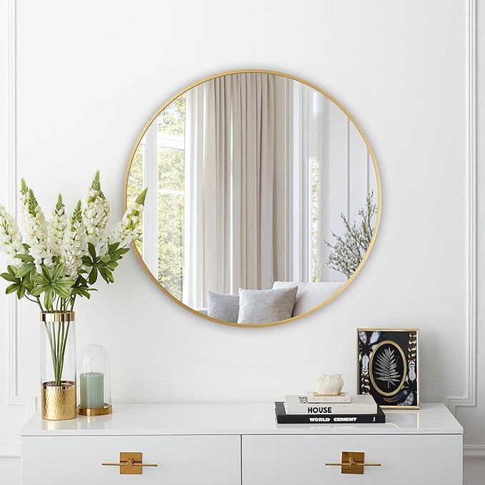 Round Mirror, Wall Mounted Circle Mirror with Brushed Metal Frame, Circular Mirrors for for Bathroom, Living Room, Vanity, Bedroom, Entryway, 24inch, Gold
