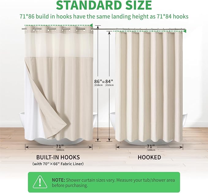 Extra Long No Hooks Needed Linen Textured Shower Curtain with Snap-in Fabric Liner Set,Cream Hotel Luxury Decor Shower Curtains for Bathroom,Waterproof & Washable,71Wx86H