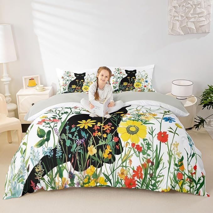 Erosebridal Cute Cat Bedding Set Full Vintage Flowers Duvet Cover Colorful Floral Garden Comforter Cover for Kids Girls Boys Adults Elegant Chic Animal Bed Set