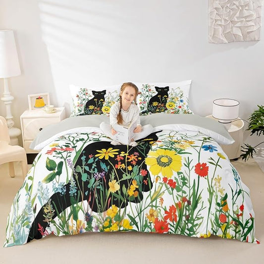 Erosebridal Cute Cat Bedding Set Twin Vintage Flowers Duvet Cover Colorful Floral Garden Comforter Cover for Kids Girls Boys Adults Elegant Chic Animal Bed Set