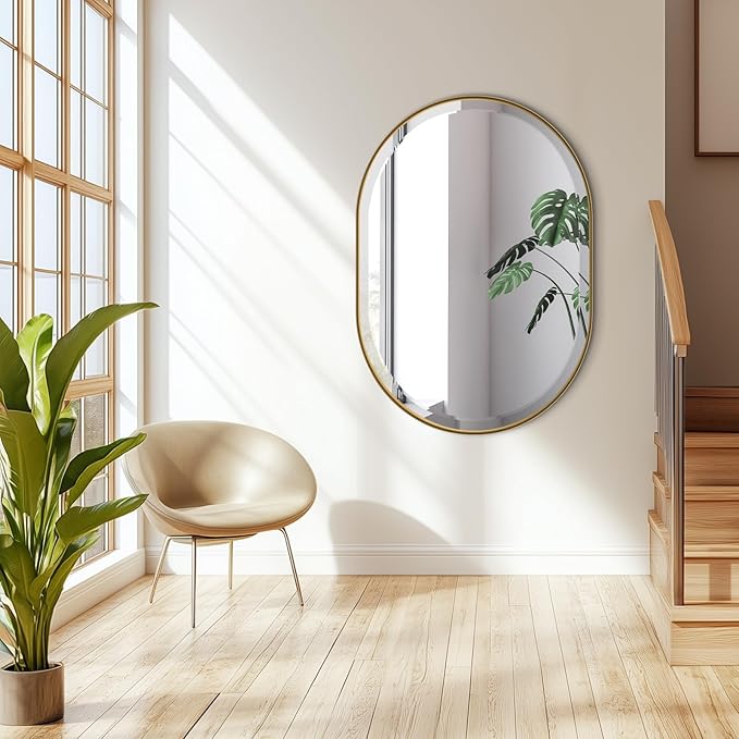 POZINO Oval Mirror Over Sink, Brushed Gold Beveled Bathroom Mirror, 22"x30" Vanity Wall Mirrors with Stainless Steel Frame, Brass Modern Rounded Mirrors for Bedroom Living Room Entryway