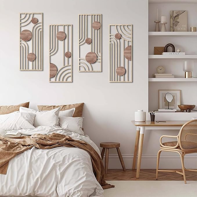 COLOR VALLEYART Set of 3 Modern Wood Wall Art Panels, Boho Geometric Design, 11.4 x 7 inches, Indoor Decor for Living Room, Office (6.2L''x15.7W''*4Pcs)