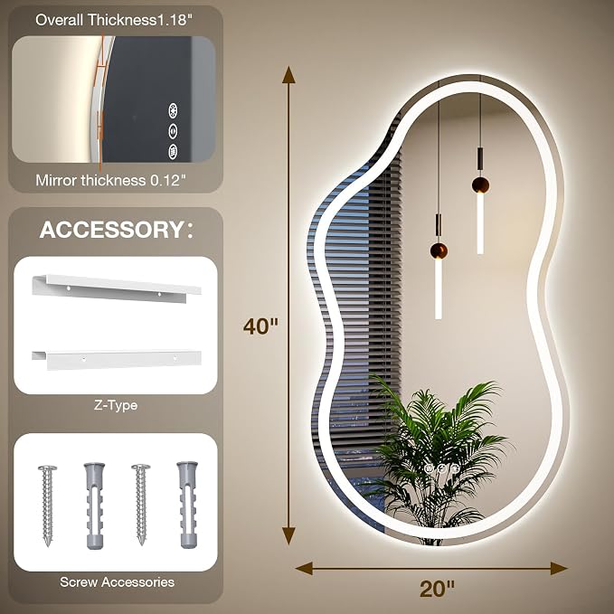 Cloud Shape Asymmetrical LED Vanity Mirror with Lights, 60"x32" Fogless Lighted Bathroom Mirror, 4mm Tempered Glass, Dimmable 3-Color & Memory Function, Wall Mounted (Horizontal/Vertical)