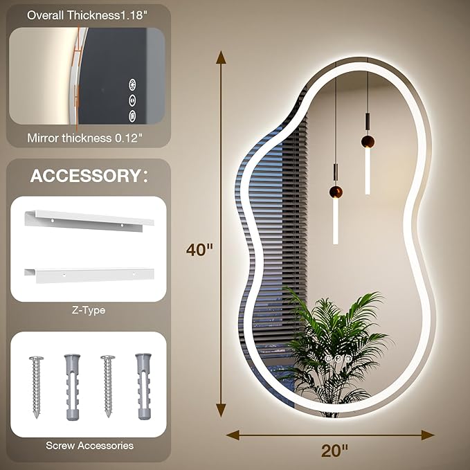 Cloud Shape Asymmetrical LED Vanity Mirror with Lights, 48"x27" Fogless Lighted Bathroom Mirror, 4mm Tempered Glass, Dimmable 3-Color & Memory Function, Wall Mounted (Horizontal/Vertical)