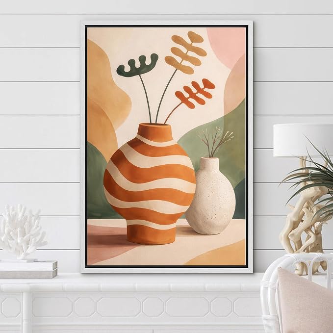 Woodrose Framed Canvas Print Wall Art Mid Century Modern Vase Still Life Illustrations Modern Art Minimalist 3D Colorful Ultra for Living Room, Bedroom, Office - 16"x24" WHITE