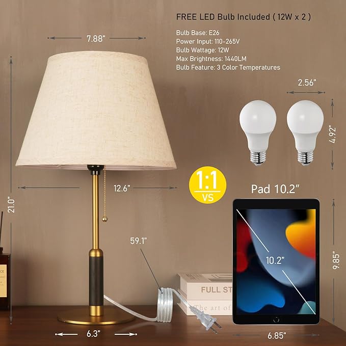 21" Set 2 Modern Bedside Lamp Mid Century Table Lamp, Pull Chain Nightstand Lamp for Bedroom Living Room 3-Color Light, Solid Wood/Metal/Fabric for Home/Office/Desk Decor (Light Brown+Brass)