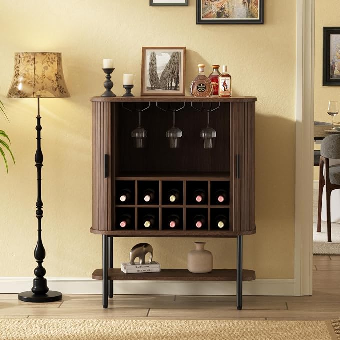 FiveWillowise Coffee Bar Cabinet with Storage, Fluted Wine Cabinet with Sliding Doors, Glass Holder and Wine Rack, Buffet Sideboard Liquor Cabinet for Kitchen, Dining Room, Living Room, Walnut