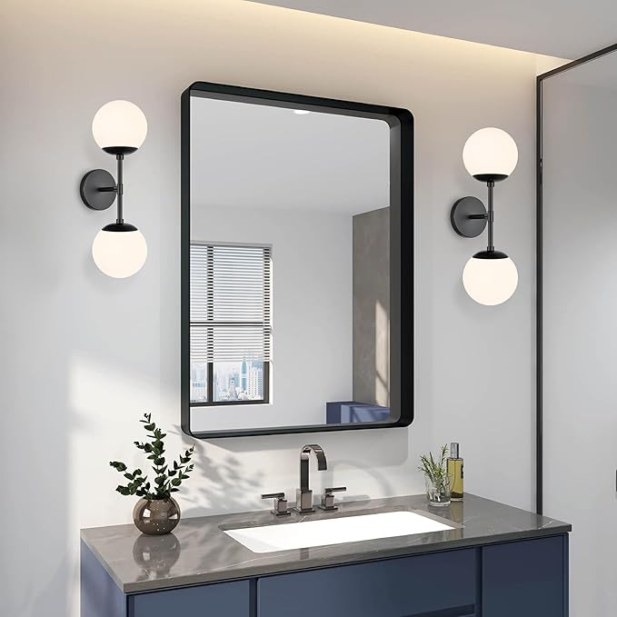 KoKo&Yukina Mid Century Modern Bathroom Matte Black Bathroom Vanity Light Fixtures Globe Sconce 2 Light Vanity Light Gold Vanity Light Mid Century Wall Sconce