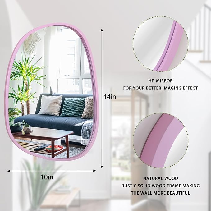 Irregular Wood Mirror with Frame Oval Asymmetrical Mirror for Wall Living Room Bedroom Bathroom Entryway Hallways Modern Unique Decorative Artistic Hanging Mirror Pink