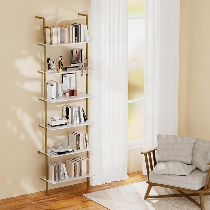 aboxoo Ladder Shelf 6-Tier Bookshelf,White Faux Marble Shelves Wall Mounted Bookshelf Open Storage Rack Display Shelf Plant Stand for Living Room Kitchen Home Office Bedroom