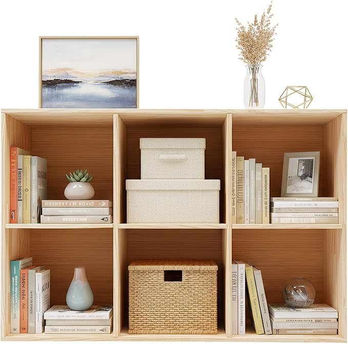 6 Cube Storage Shelf, 2-Tier Solid Wood Cube Storage Organizer, Vertical or Horizontal Floor Standing Open Bookcase for Bedroom, Study, Bookstore & Office
