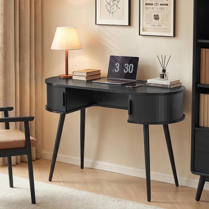 AVZEAR 43" Oval Fluted Home Office Desk, Small Computer Desk Mid Century Modern Vanity Table with Sliding Tambour Door, Wooden Writing Study Desk for Small Spaces, Bedroom, Office(Black)