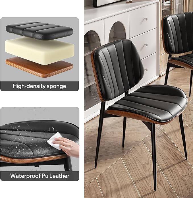 Mid Century Modern Dining Chairs Set of 8, Upholstered Faux Leather Kitchen Dining Room Living Room Chairs, Walnut Wood Bentwood Back and Metal Legs, Black