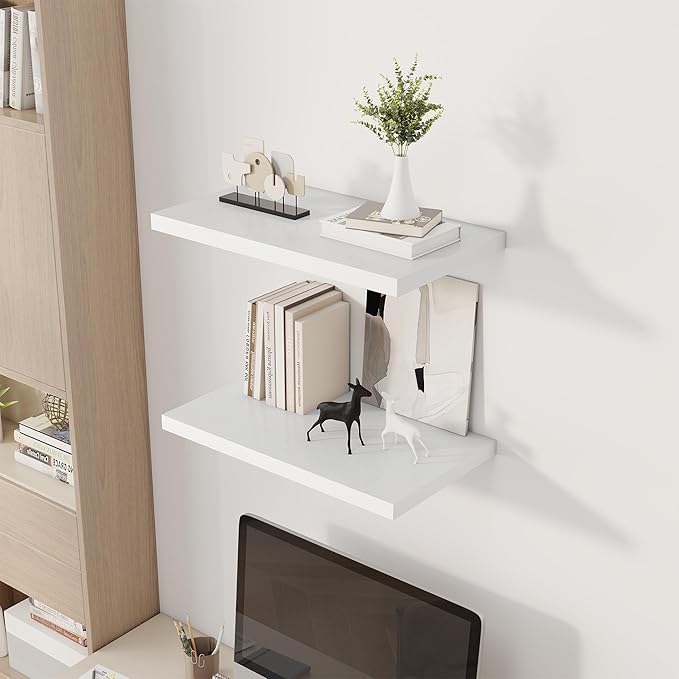 Dreamland 24" Floating Shelves for Wall, 12" Deep Slim White Floating Shelves, Wall-Mounted Shelves for Bedroom, Living Room, Kitchen, Bathroom - Set of 2