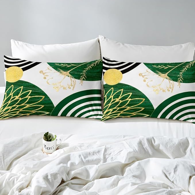 Erosebridal Green Boho Modern Queen Comforter Cover for Women Men Adults - Mid Century Abstract Duvet Cover Bohemian Geometric Bed Set Chic Contemporary Stripes Bedding Set