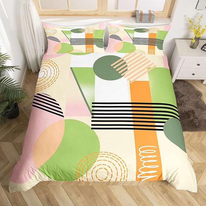 Erosebridal Pink Abstract Duvet Cover King Size for Kids Teens Girls | Colorful Geometric Comforter Cover Minimalist Circle Modern Bedding Set Boho Contemporary Aesthetic Bed Set