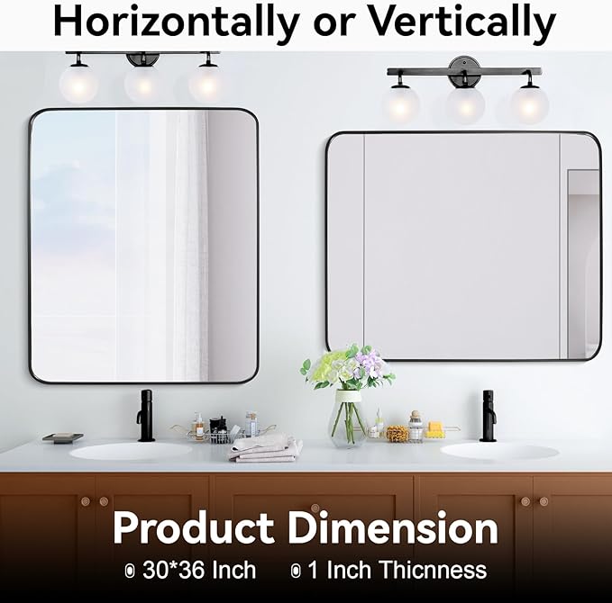 Black Bathroom Mirror 30X36 Inch Rounded Rectangle Wall Mirror Stainless Steel Metal Frame Vanity Mirror Anti-Rust for Entryway, Bathroom, Vanity, Living Room Hangs Vertically or Horizontally